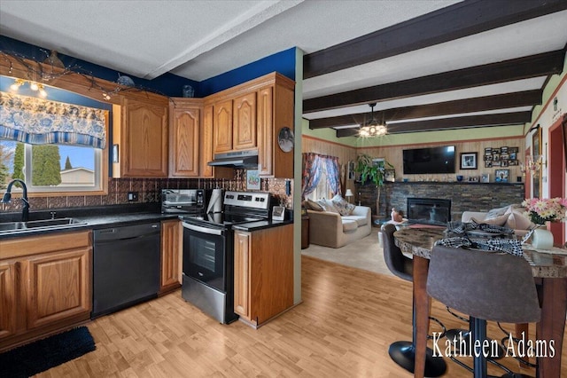 14319 Park Dr, Mecosta, MI 49332 - kitchen featuring black dishwasher, electric range, under cabinet range hood, dark countertops, and beam ceiling