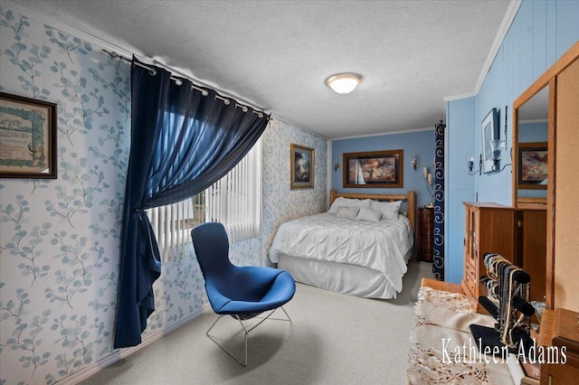 14319 Park Dr, Mecosta, MI 49332 - carpeted bedroom featuring ornamental molding, wallpapered walls, and a textured ceiling