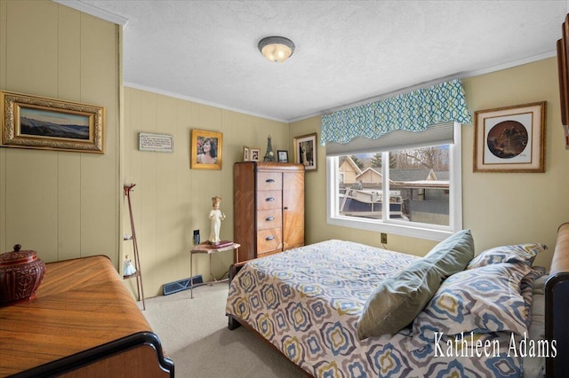 14319 Park Dr, Mecosta, MI 49332 - carpeted bedroom with ornamental molding and a textured ceiling