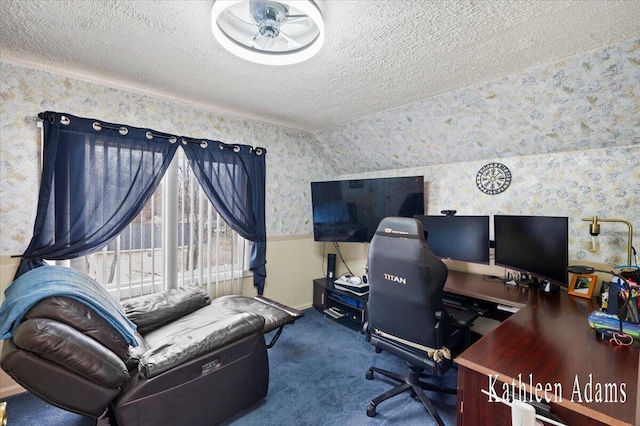 14319 Park Dr, Mecosta, MI 49332 - office space with wallpapered walls, a textured ceiling, carpet floors, and a ceiling fan