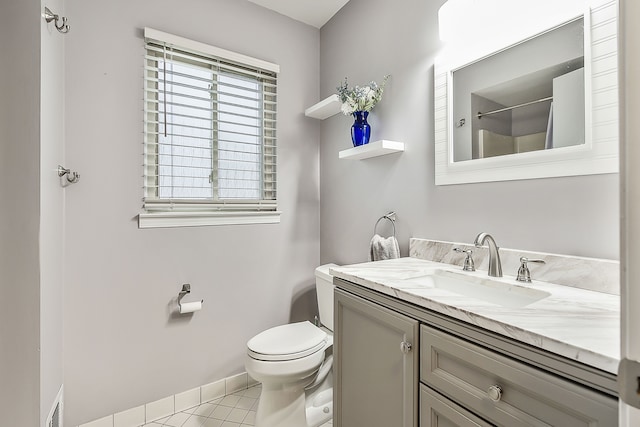 bathroom with vanity, baseboards, tile patterned flooring, toilet, and visible vents