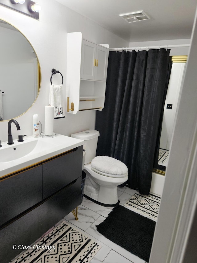 full bathroom with marble finish floor, visible vents, toilet, vanity, and a shower with shower curtain