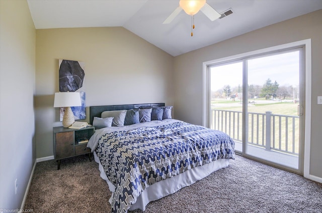 carpeted bedroom featuring vaulted ceiling, baseboards, access to outside, ceiling fan, and visible vents