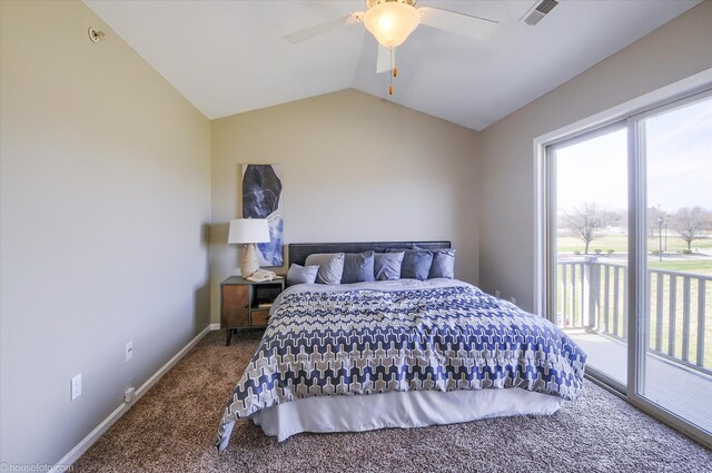 carpeted bedroom with visible vents, baseboards, access to outside, a ceiling fan, and vaulted ceiling