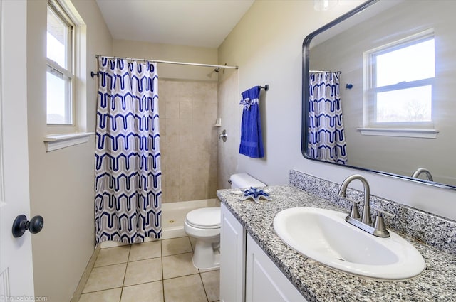 full bath with toilet, a healthy amount of sunlight, tile patterned flooring, and tiled shower