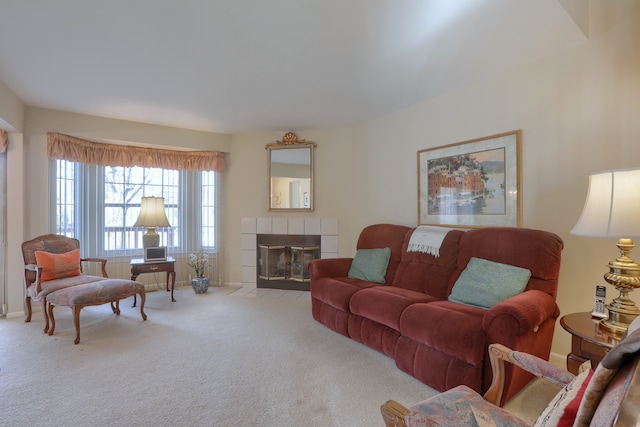 18735 Hilltop Blvd, Riverview, MI 48193 - living room with a tiled fireplace, baseboards, and carpet floors