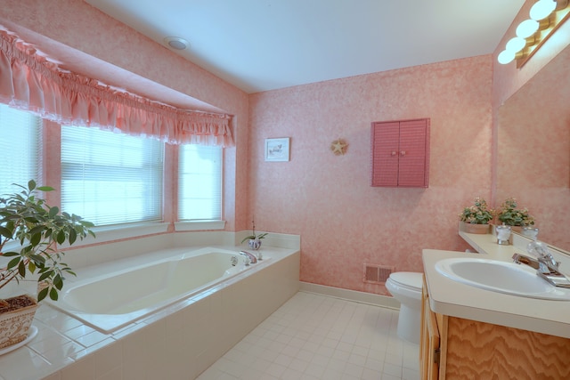 18735 Hilltop Blvd, Riverview, MI 48193 - bathroom featuring vanity, wallpapered walls, toilet, a bath, and visible vents