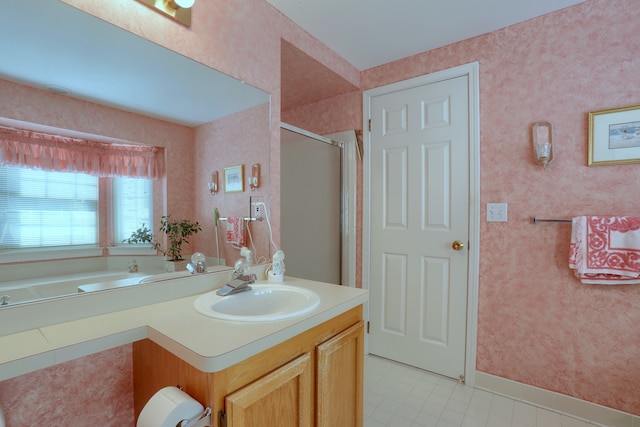 18735 Hilltop Blvd, Riverview, MI 48193 - bathroom with a shower stall, vanity, baseboards, and wallpapered walls