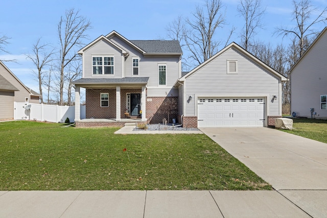 traditional-style home featuring driveway, fence, brick siding, a front lawn, and a porch