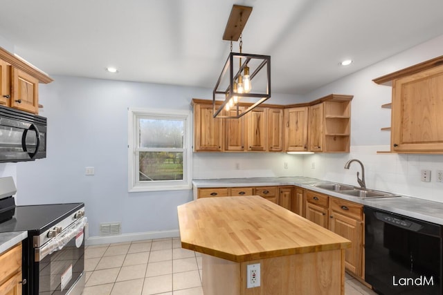 2206 Woodward Ave, Kalamazoo, MI 49007 - kitchen with a sink, open shelves, wooden counters, visible vents, and black appliances