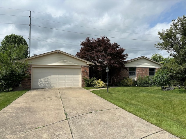 17018 White Haven Dr, Northville, MI 48168 - ranch-style home with brick siding, a front yard, and a garage