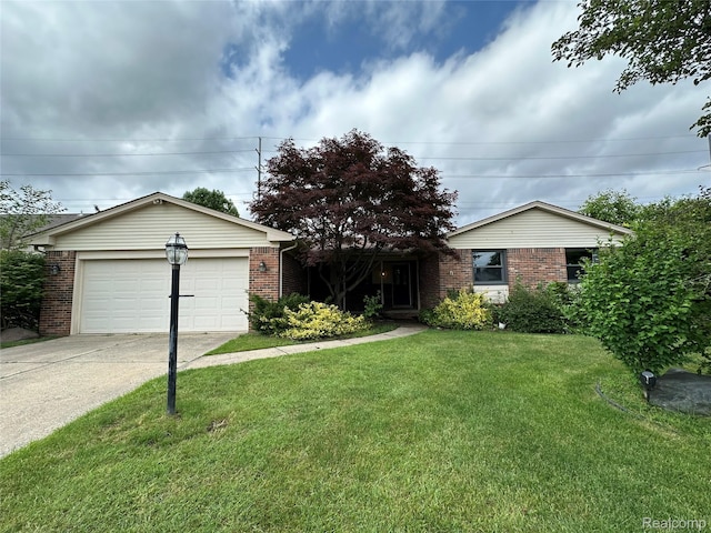 17018 White Haven Dr, Northville, MI 48168 - ranch-style house with driveway, brick siding, a front yard, and a garage