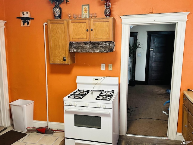 1073-1075 Morrell St, Detroit, MI 48209 - kitchen featuring white gas stove, under cabinet range hood, baseboards, and tile patterned floors