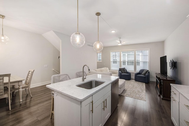 kitchen featuring dark wood-style flooring, visible vents, a sink, and stainless steel dishwasher