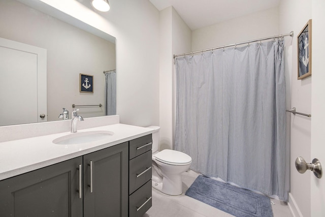 bathroom with a shower with shower curtain, toilet, and vanity
