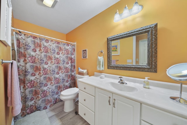 bathroom featuring a shower with shower curtain, toilet, and vanity