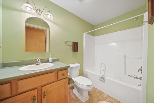 full bath with shower / bathing tub combination, toilet, tile patterned flooring, and vanity