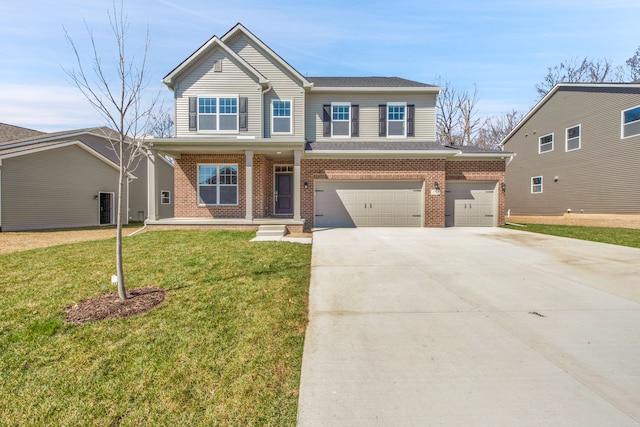 view of front facade featuring a front lawn, driveway, covered porch, an attached garage, and brick siding