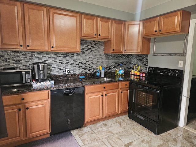 20709 Lockwood St, Taylor, MI 48180 - kitchen with decorative backsplash, dark stone countertops, a sink, and black appliances