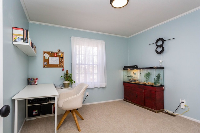 office area with ornamental molding, baseboards, and carpet