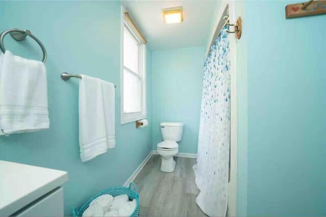 bathroom featuring toilet, vanity, baseboards, and wood finished floors