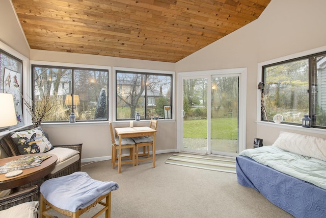bedroom with vaulted ceiling, wooden ceiling, carpet, and access to outside