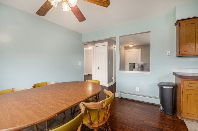 8100 Russell St, Shelby Twp, MI 48317 - dining area with a ceiling fan, a baseboard radiator, baseboard heating, baseboards, and dark wood finished floors
