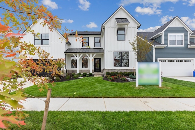 50272 Hedgewood Dr, Canton, MI 48187 - modern inspired farmhouse with stone siding, a standing seam roof, an attached garage, board and batten siding, and a front lawn