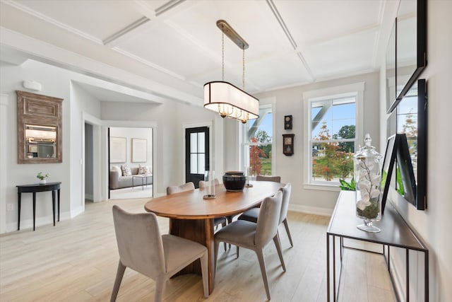 50272 Hedgewood Dr, Canton, MI 48187 - dining room featuring coffered ceiling, baseboards, and light wood finished floors
