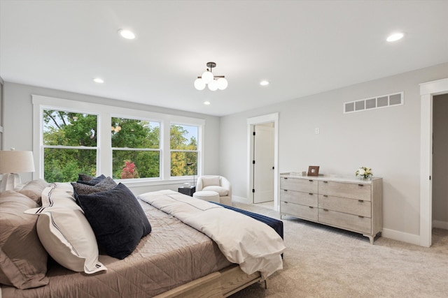 50272 Hedgewood Dr, Canton, MI 48187 - bedroom with visible vents, a chandelier, baseboards, recessed lighting, and light colored carpet