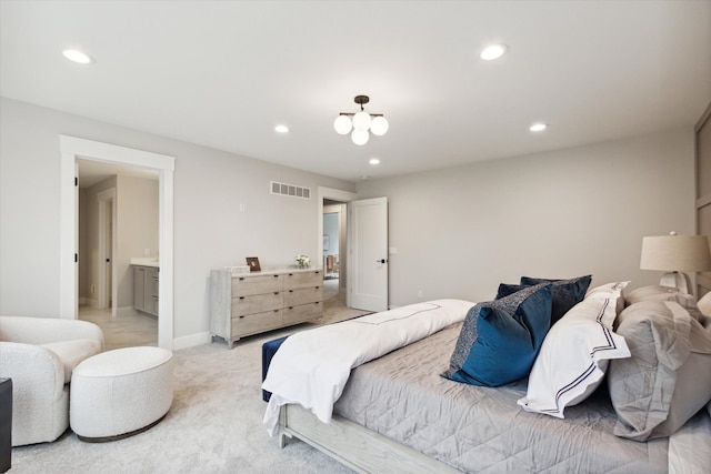 50272 Hedgewood Dr, Canton, MI 48187 - bedroom featuring visible vents, baseboards, recessed lighting, light carpet, and a notable chandelier