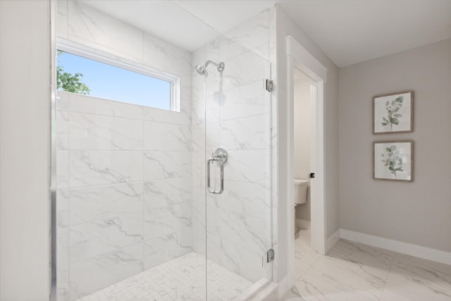 50272 Hedgewood Dr, Canton, MI 48187 - bathroom with marble finish floor, toilet, a stall shower, and baseboards