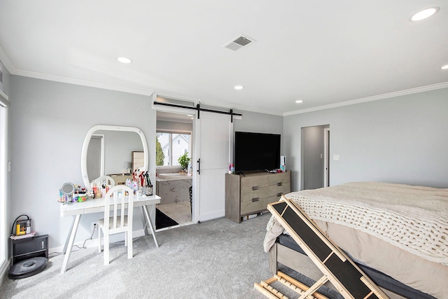 9861 Dixie, Ira, MI 48023 - carpeted bedroom with recessed lighting, ornamental molding, visible vents, and a barn door