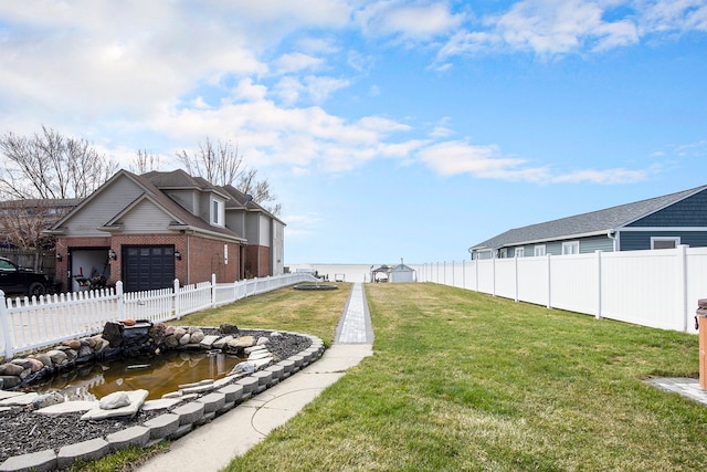 9861 Dixie, Ira, MI 48023 - view of yard with a fenced backyard, a small pond, and a garage