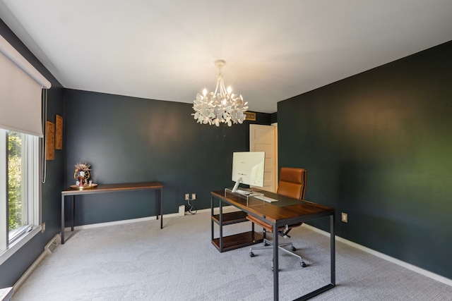 home office featuring carpet floors, baseboards, and a notable chandelier
