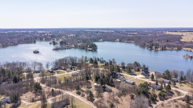 aerial view featuring a view of trees and a water view