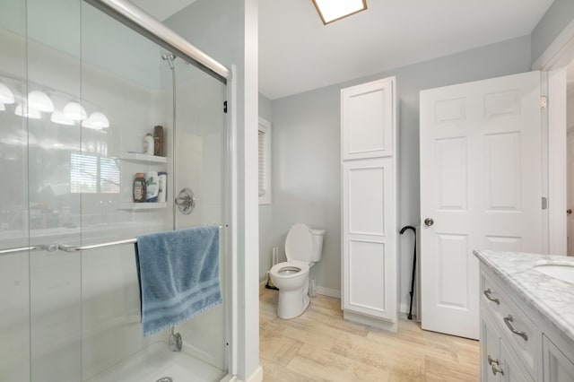 full bath with toilet, vanity, and a stall shower