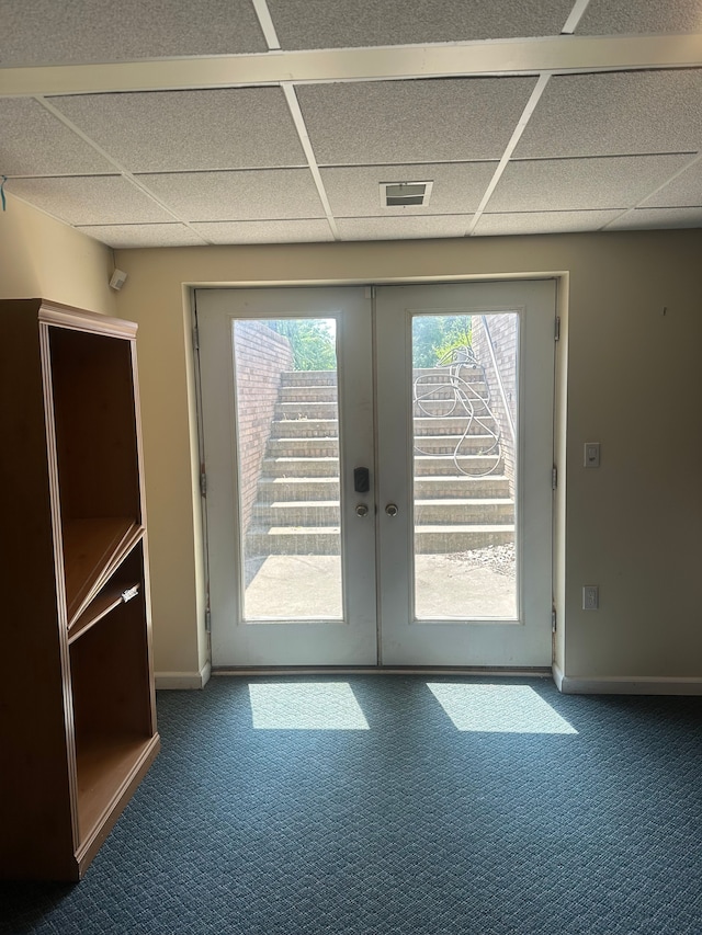 5238 Windmill Dr, Troy, MI 48085 - doorway to outside featuring a paneled ceiling, french doors, baseboards, and carpet floors