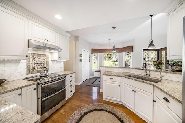 kitchen featuring dark wood-style flooring, under cabinet range hood, decorative backsplash, double oven range, and a sink