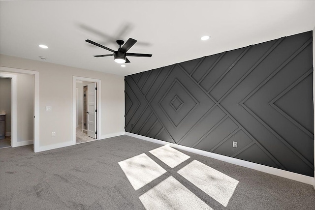 unfurnished bedroom with ceiling fan, recessed lighting, baseboards, and carpet floors