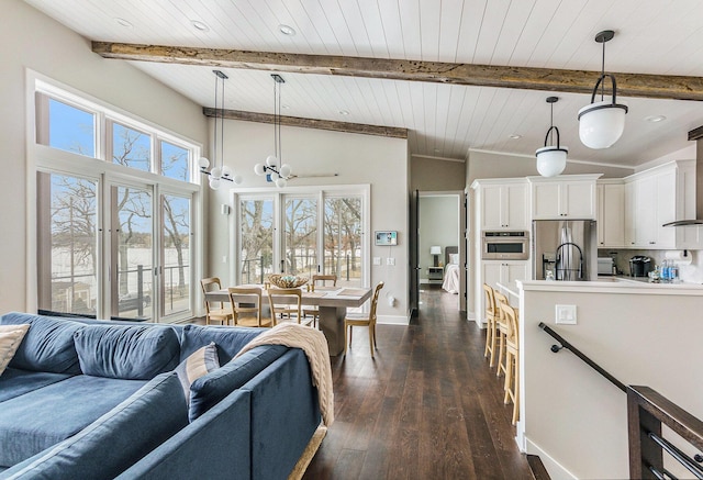 living room featuring baseboards, an inviting chandelier, wood ceiling, dark wood finished floors, and vaulted ceiling with beams