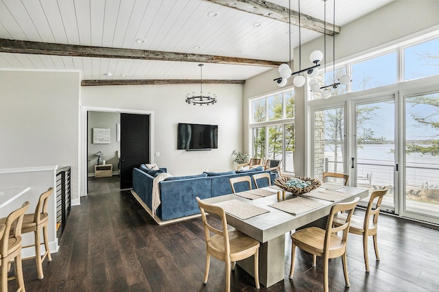 dining area featuring dark wood-type flooring, beamed ceiling, and wood ceiling