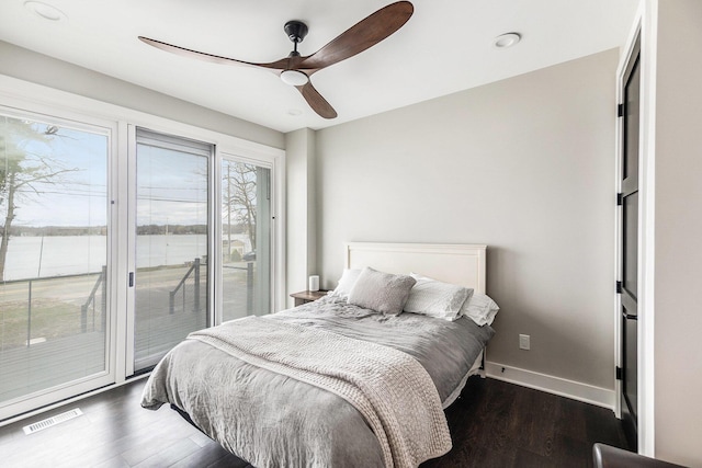 bedroom with visible vents, baseboards, ceiling fan, wood finished floors, and access to outside
