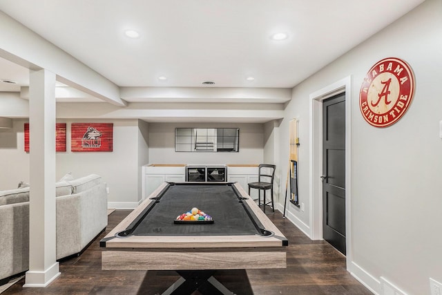 game room with recessed lighting, dark wood-type flooring, and baseboards