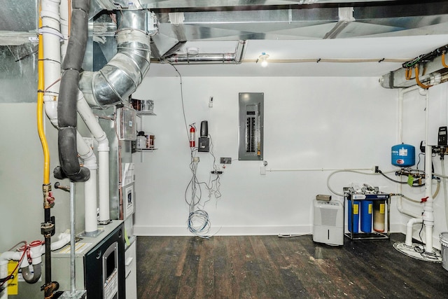 basement with wood finished floors, baseboards, and electric panel