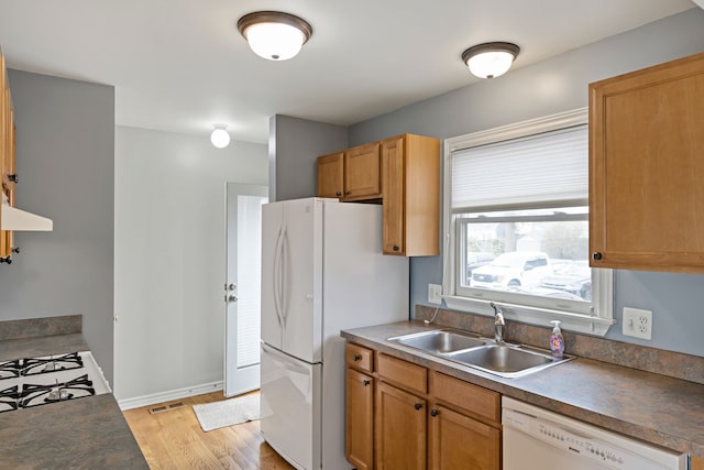 1053 Woodward Hts, Ferndale, MI 48220 - kitchen featuring baseboards, white appliances, light wood-style flooring, dark countertops, and a sink