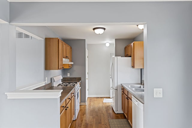 1053 Woodward Hts, Ferndale, MI 48220 - kitchen with baseboards, white appliances, under cabinet range hood, visible vents, and wood finished floors