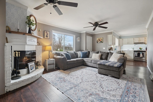 739 Gasper St, Chesaning, MI 48616 - living room with dark wood-style floors, a ceiling fan, and ornamental molding