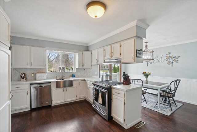 739 Gasper St, Chesaning, MI 48616 - kitchen with a sink, dark wood-style flooring, appliances with stainless steel finishes, under cabinet range hood, and wainscoting
