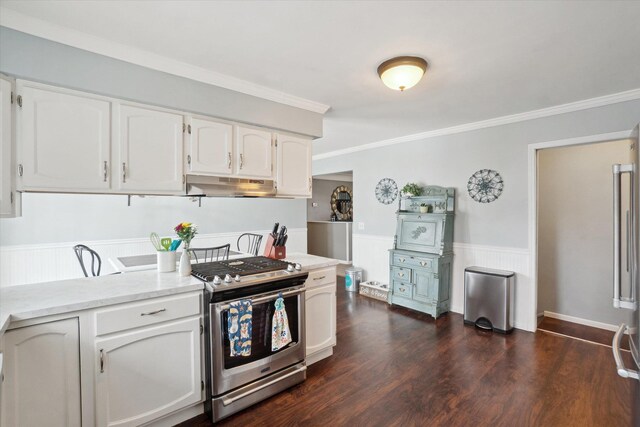 739 Gasper St, Chesaning, MI 48616 - kitchen featuring white cabinetry, gas range, dark wood-style flooring, under cabinet range hood, and wainscoting